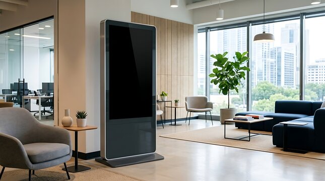 Photorealistic modern office lounge with digital kiosk screen in a contemporary lobby setting