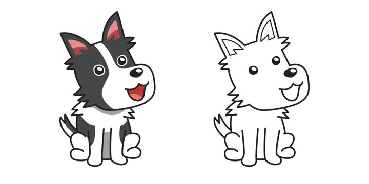Cute Border Collie puppy sitting in color and outline version cartoon vector illustration