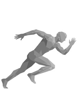 Low poly runner athlete graphic illustration using gray geometric shapes for modern sport branding designs active fitness lifestyle motion concepts and web visuals.