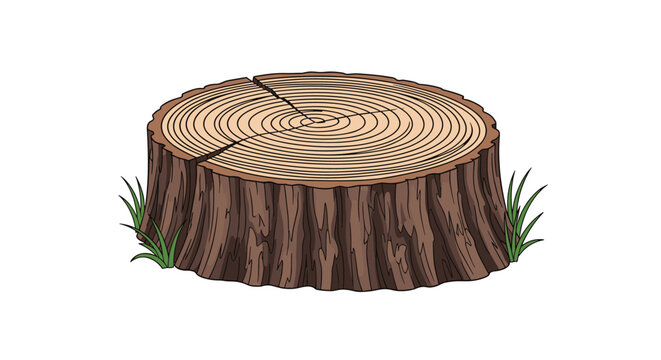 Old weathered tree stump with growth rings and cracks stands surrounded by small green grass tufts on a clean white background.
