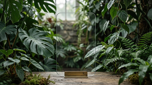 Vertical acrylic glass plaque on wooden table surrounded by lush tropical plants greenhouse background