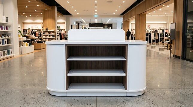 Modern minimalist white retail promotion counter and display stand in a bright contemporary store interior