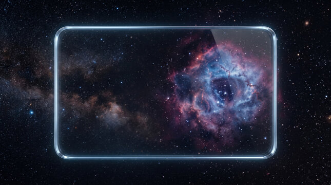 Transparent futuristic glass frame floating in deep space nebula with glowing edges and stars