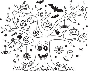 Obraz premium Halloween tree vector illustration with cute smiling face, hanging bats, spider webs, pumpkins, and owls for a coloring book page.