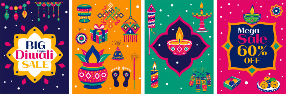 Diwali festival flat modern elements illustration and icon set for graphic and web design templates or deepavali firecrackers, diwali crackers flat vector, vector fireworks for mega sale poster design
