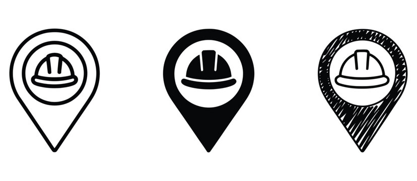 Construction Site Location Map Pin Icon, Hard Hat Symbol for Building Project Navigation