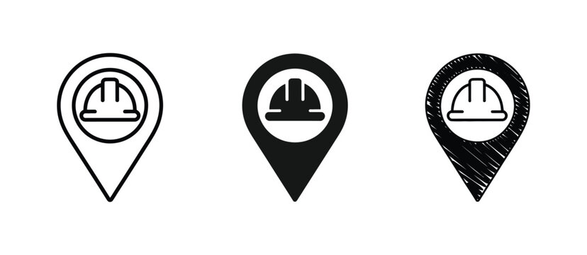 Construction Site Location Map Pin Icon, Hard Hat Symbol for Building Project Navigation
