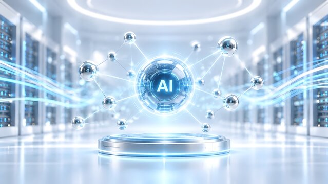 Artificial Intelligence AI Sphere With Connected Nodes On Futuristic Pedestal In Server Room Data Center
