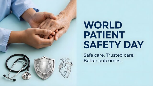 World patient safety day poster with comforting hands.