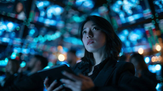 Asian Businesswoman Analyzing Financial Data on Trading Floor