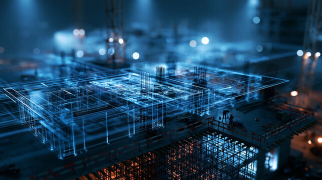 BIM Digital Wireframe Blueprint on Construction Site