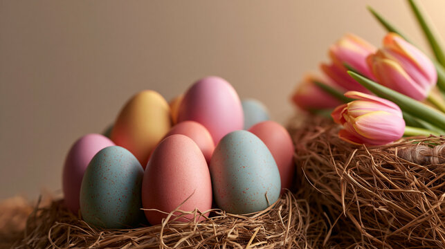 Pastel Easter Eggs in Nest with Spring Tulips