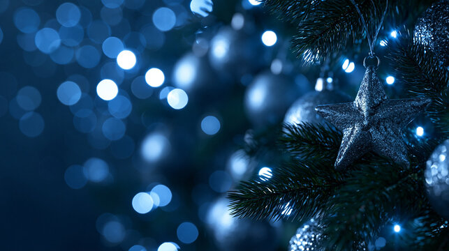 Christmas Tree with Star Ornament and Glowing Blue Bokeh