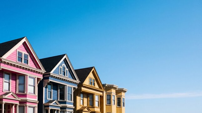 Colorful Victorian Houses in Row Under Blue Sky
