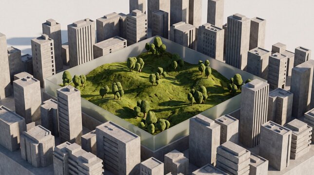 Green Nature Park Surrounded by Concrete City Skyscrapers