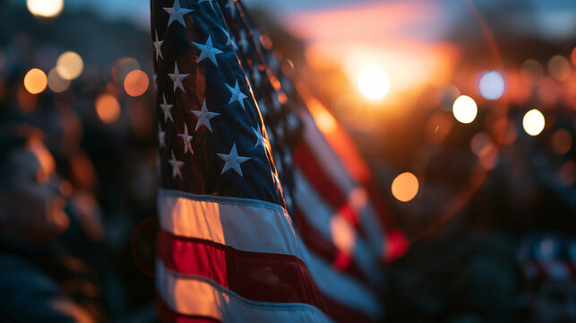 American Flag Waving at Evening Gathering During Sunset