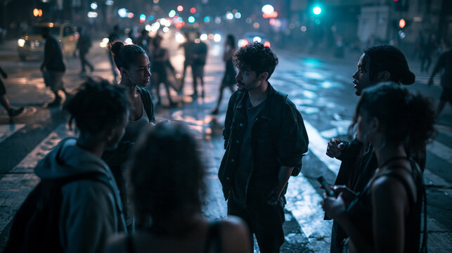 Diverse Friends Hanging Out on Urban City Street at Night