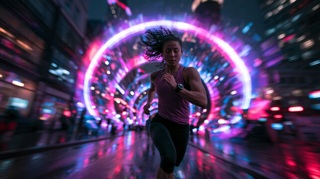 Athletic Woman Running Fast Through Futuristic Neon City Street