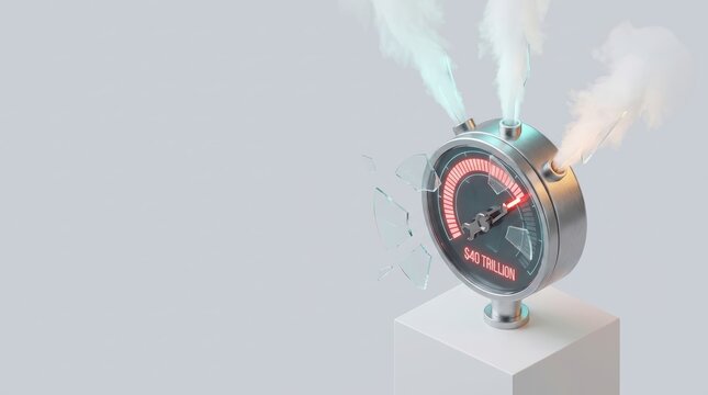 A broken gauge displaying 40 trillion with steam escaping is on a white pedestal