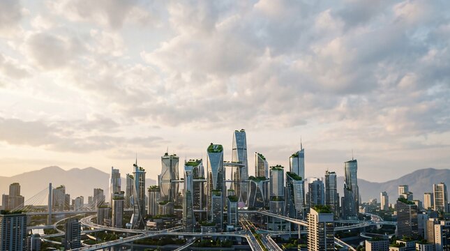 Futuristic Eco City Skyline with Sustainable Green Skyscrapers