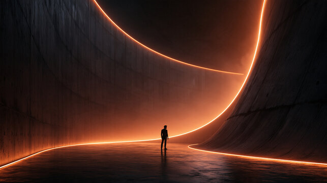Silhouette of Businessman in Futuristic Curved Neon Architecture