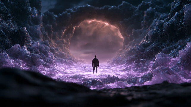 Silhouette Standing Before Glowing Portal in Alien Landscape