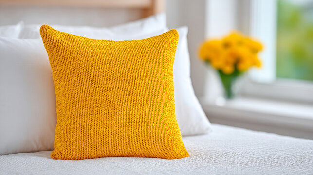 A textured yellow decorative pillow sits on a white bed with blurred white pillows and yellow flowers in the background.