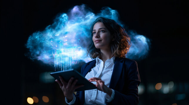 Businesswoman Using Tablet with Cloud Computing Data Interface