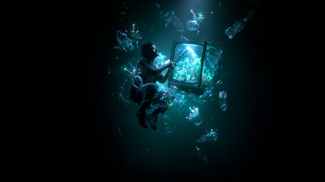 Man Floating Underwater with Glowing Television and Plastic Pollution