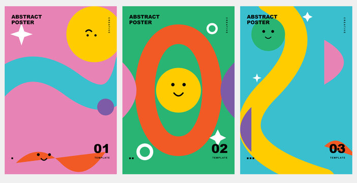 Set of three colorful abstract posters with happy faces