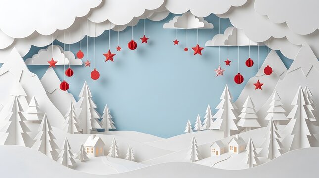 A whimsical papercraft winter wonderland scene featuring a charming town nestled beneath fluffy clouds and festive decorations evokes the magic of the holiday