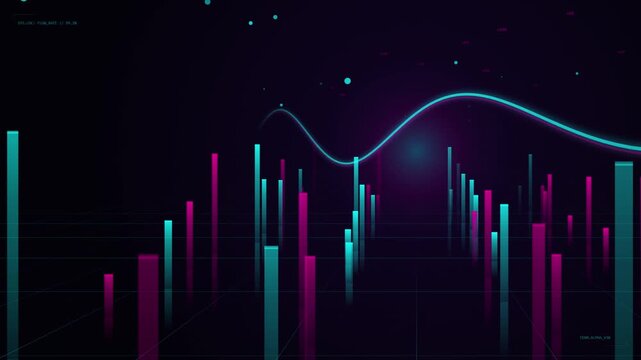 Abstract financial data visualization with neon bar charts and glowing wave trends for business analytics