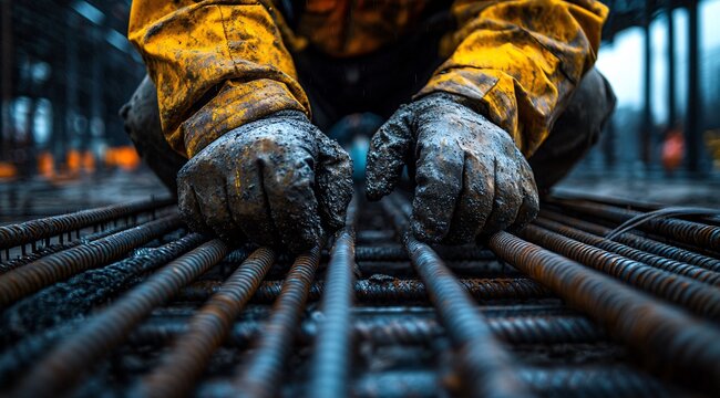 Close Up Worker Hands Adjusting Steel Framework on Construction Site