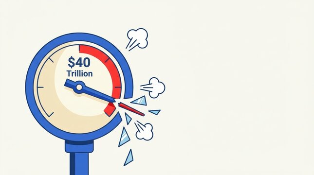 A gauge indicating 40 trillion with the needle breaking off representing financial breakdown