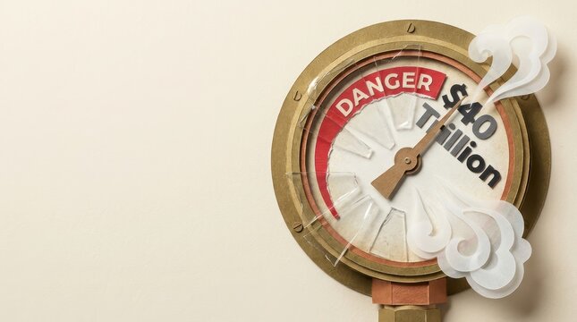 A detailed gauge displays a critical level of 40 trillion dollars and the word danger