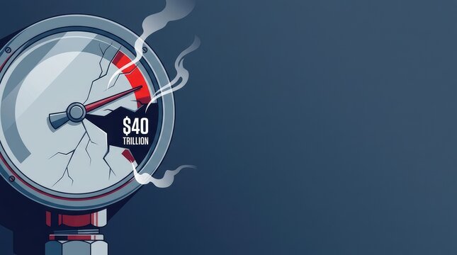 Cracked pressure gauge indicates 40 trillion reaching critical levels with steam rising