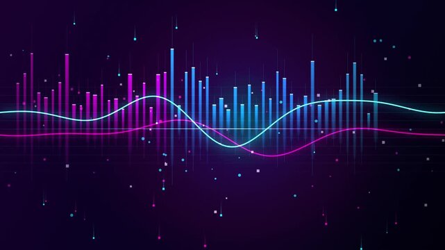 Neon audio spectrum equalizer background: pulsing digital sound waves and abstract data visualization loop