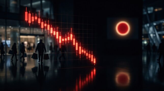 A downward trending red financial graph overlaid on a blurred cityscape with silhouettes of people
