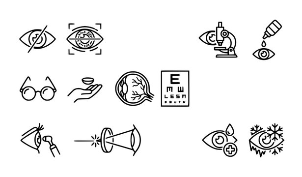 Minimal eye care line icon collection featuring biometric security vision correction lenses and ophthalmology