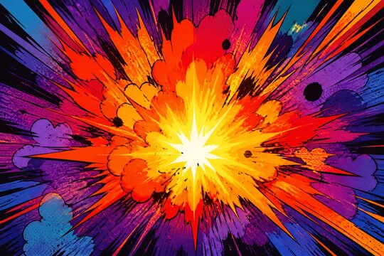 Comic book style explosion burst with vibrant color radial lines