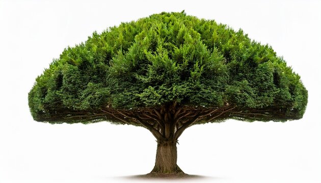 a yew tree with dark green dense foliage and a broad sturdy trunk isolated on a white background