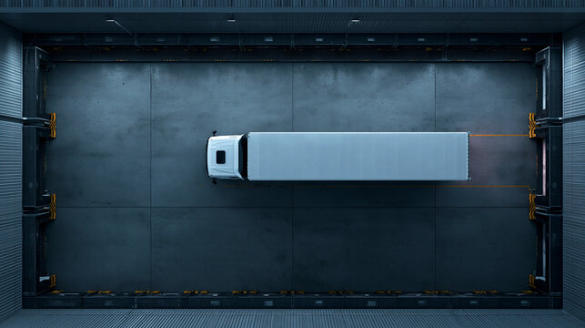 Aerial Top Down View of Cargo Truck at Logistics Warehouse