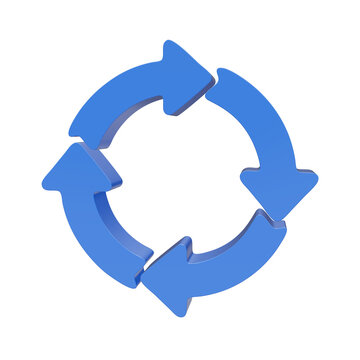 3 d blue circular arrow symbol, four curved segments arranged in a clockwise recycling loop isolated on a solid black background