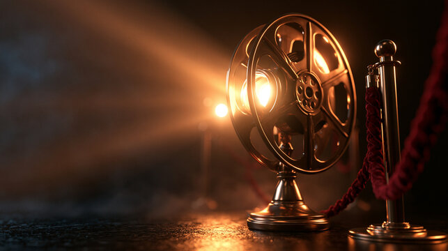 Vintage Film Reel and Red Carpet Stanchion with Spotlight