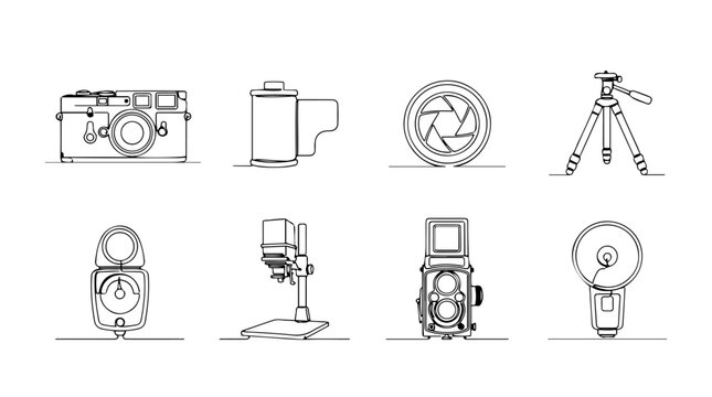 Photography Equipment One Line Art Vector Illustration Set