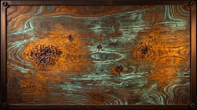 Abstract Copper Patina Panel with Verdigris and Woodgrain Texture