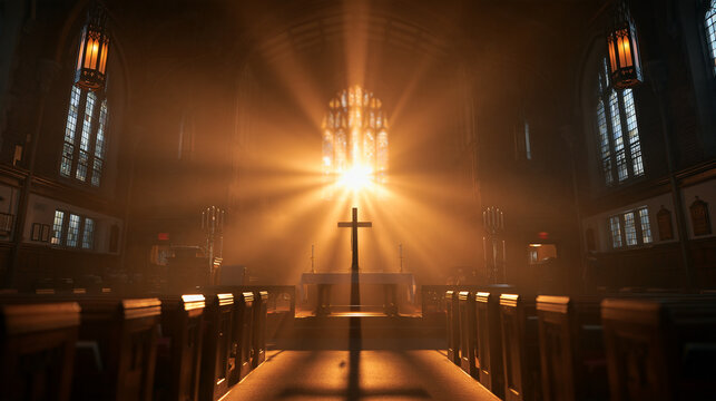 Cross on Altar with Divine Light in Church Interior
