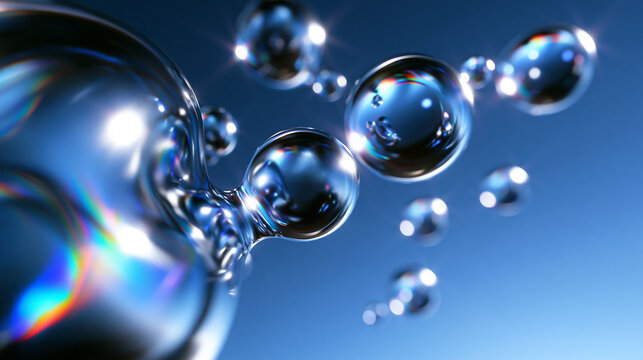Glossy Liquid Serum Droplets Floating Against Blue Background