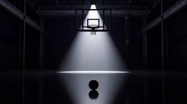 Basketball Hoop Illuminated by Spotlight in Dark Empty Arena