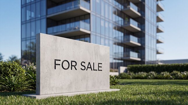 For Sale Sign in Front of Modern Apartment Building